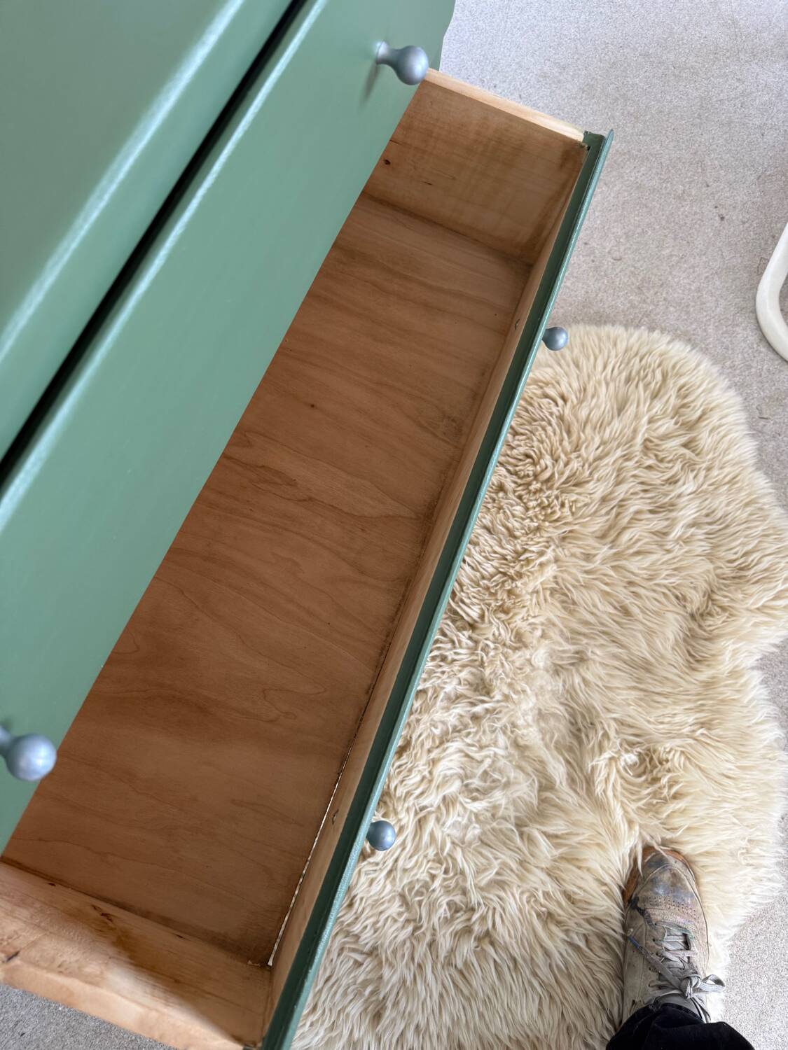 Vintage olive green chest of drawers with striped base
