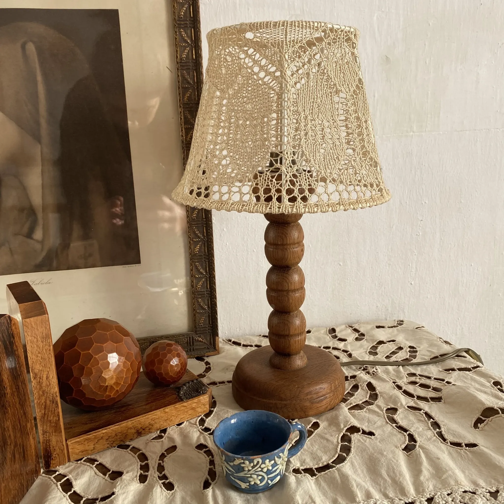 Wooden turned bedside lamp with lace