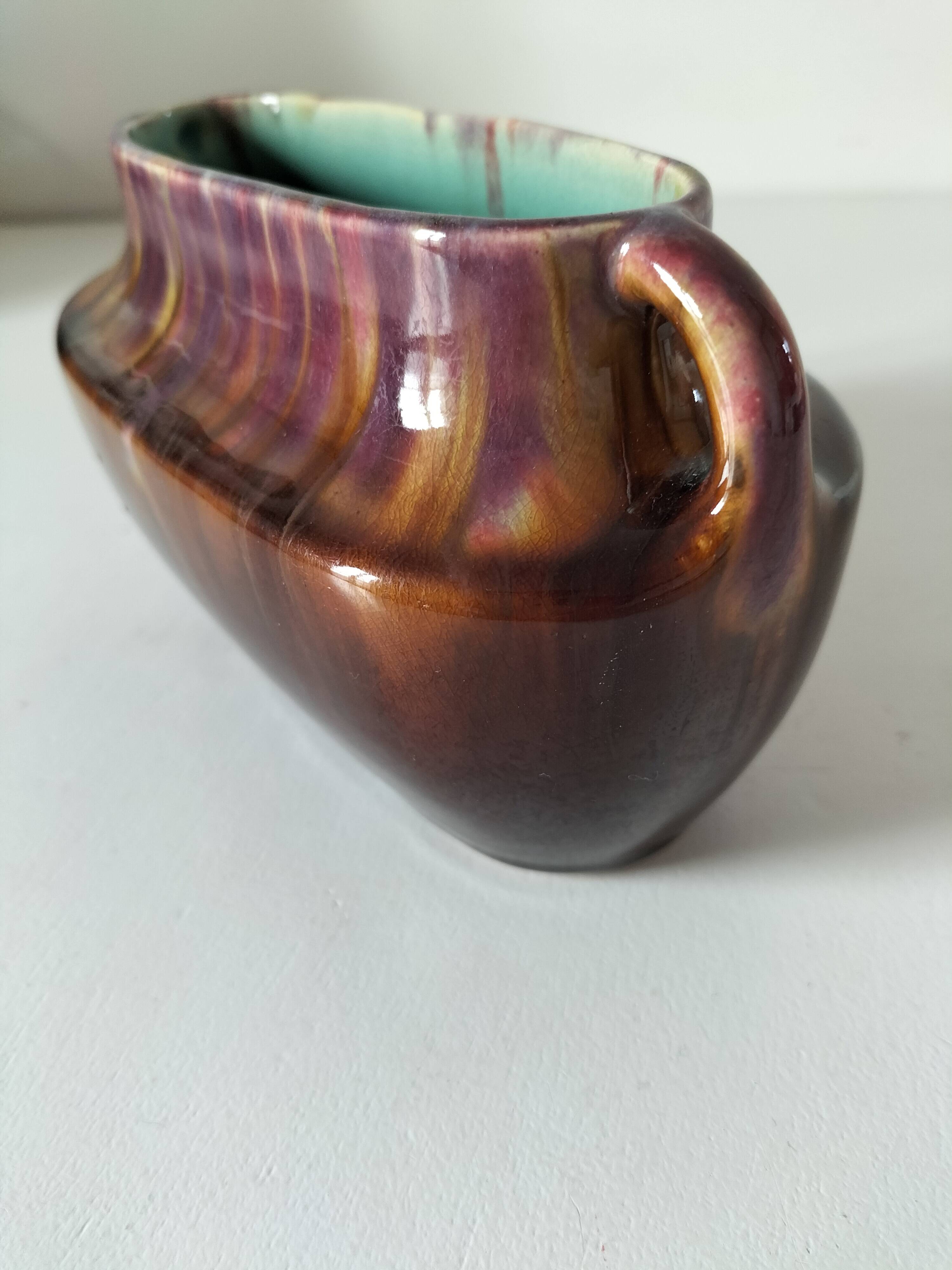 Oval ceramic vase with handles, glazed, 20th century.