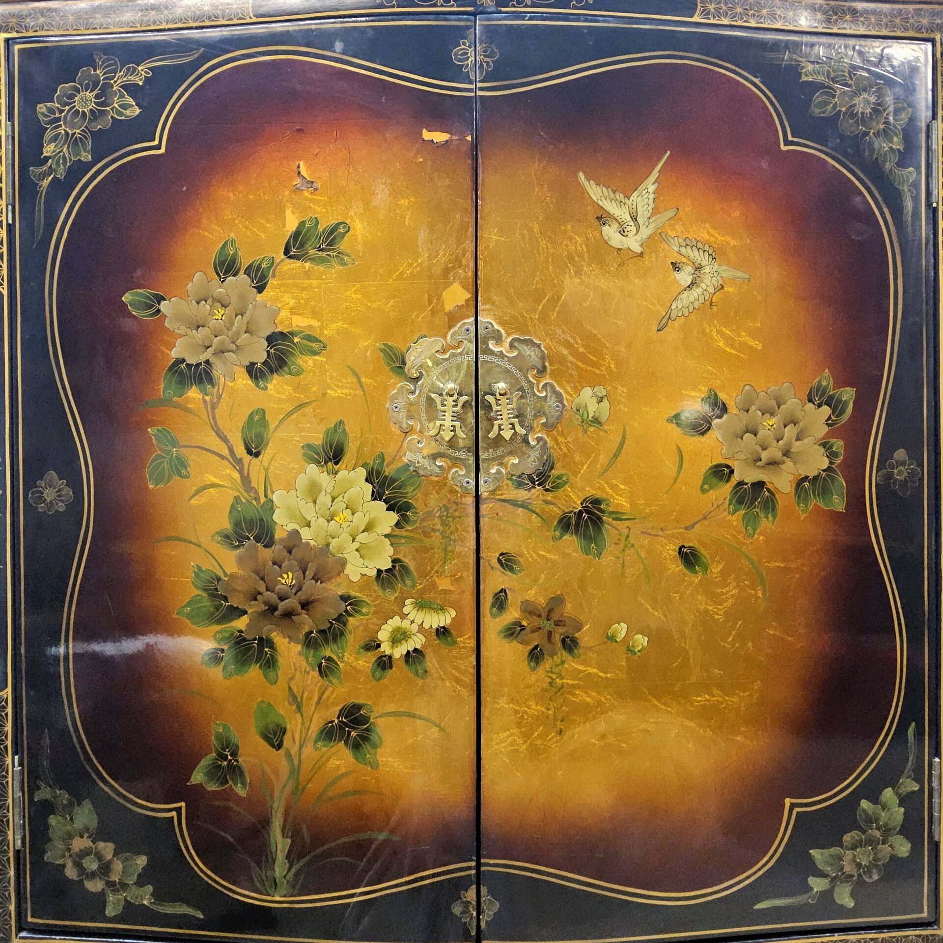Vintage Chinese cabinet with gold leaf, flowers and birds (bar cabinet)