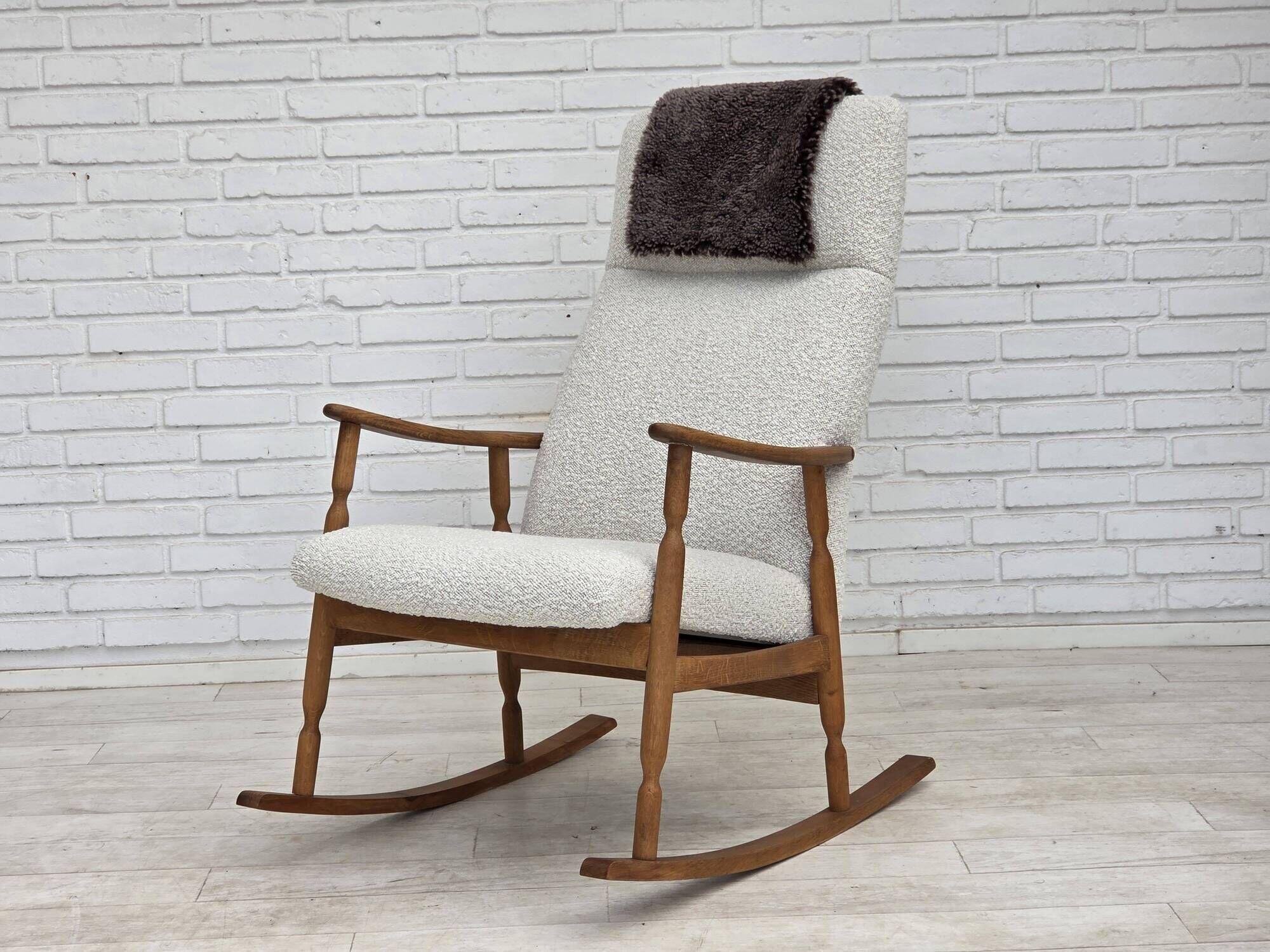 1970s, Scandinavian design, high-backed rocking chair, reupholstered.