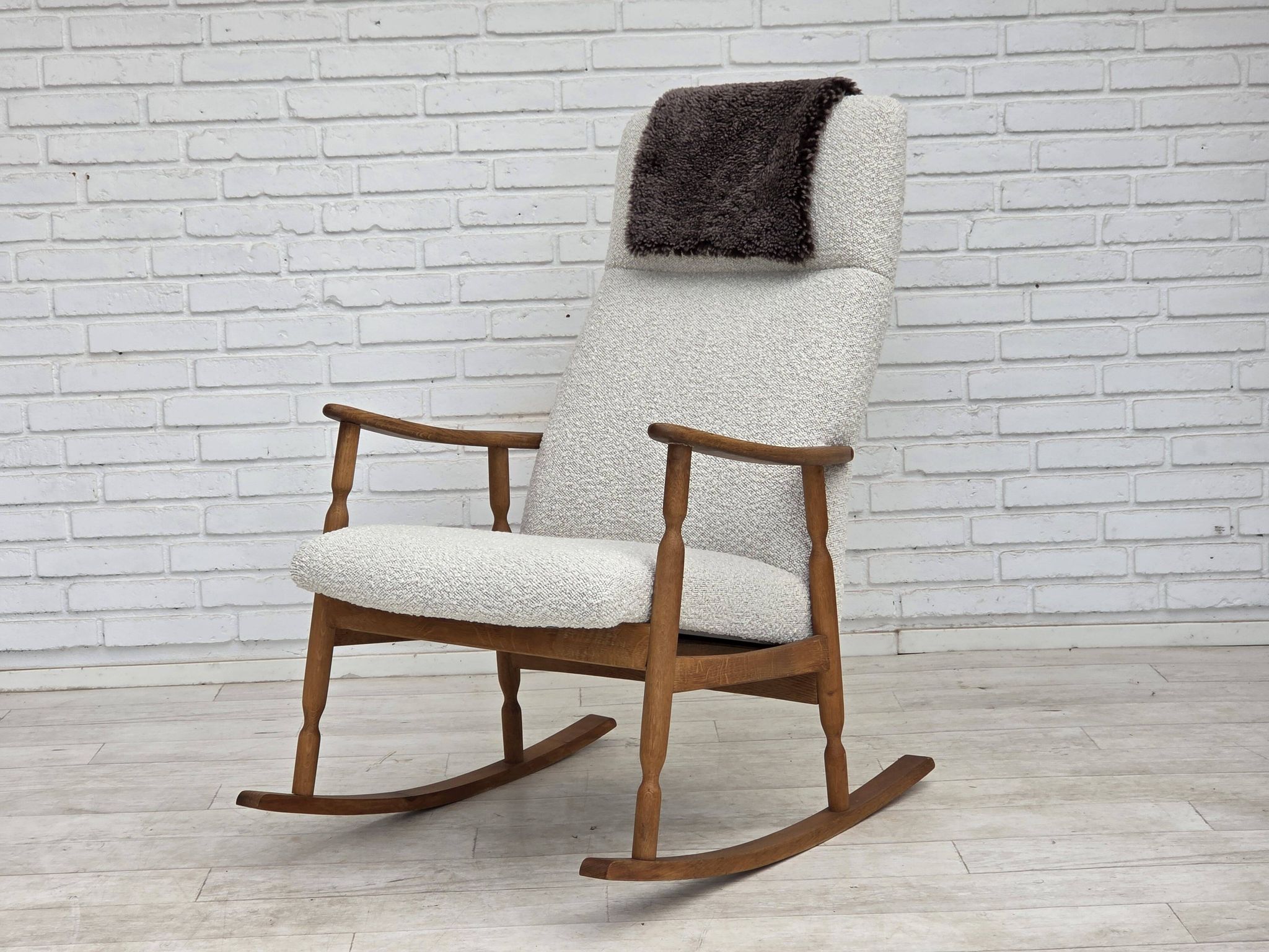 1970s, Scandinavian design, high-backed rocking chair, reupholstered.