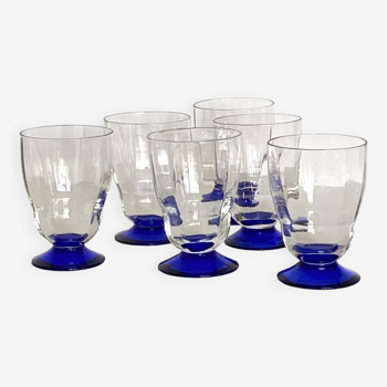 Lot de 6 petits verres à vin ou à eau art déco et pied coloré bleu art de la table vintage ACC-7094