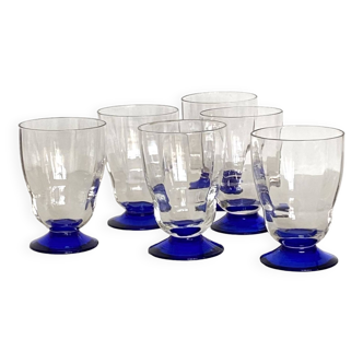 Set of 6 small art deco wine or water glasses and blue colored base vintage tableware ACC-7094
