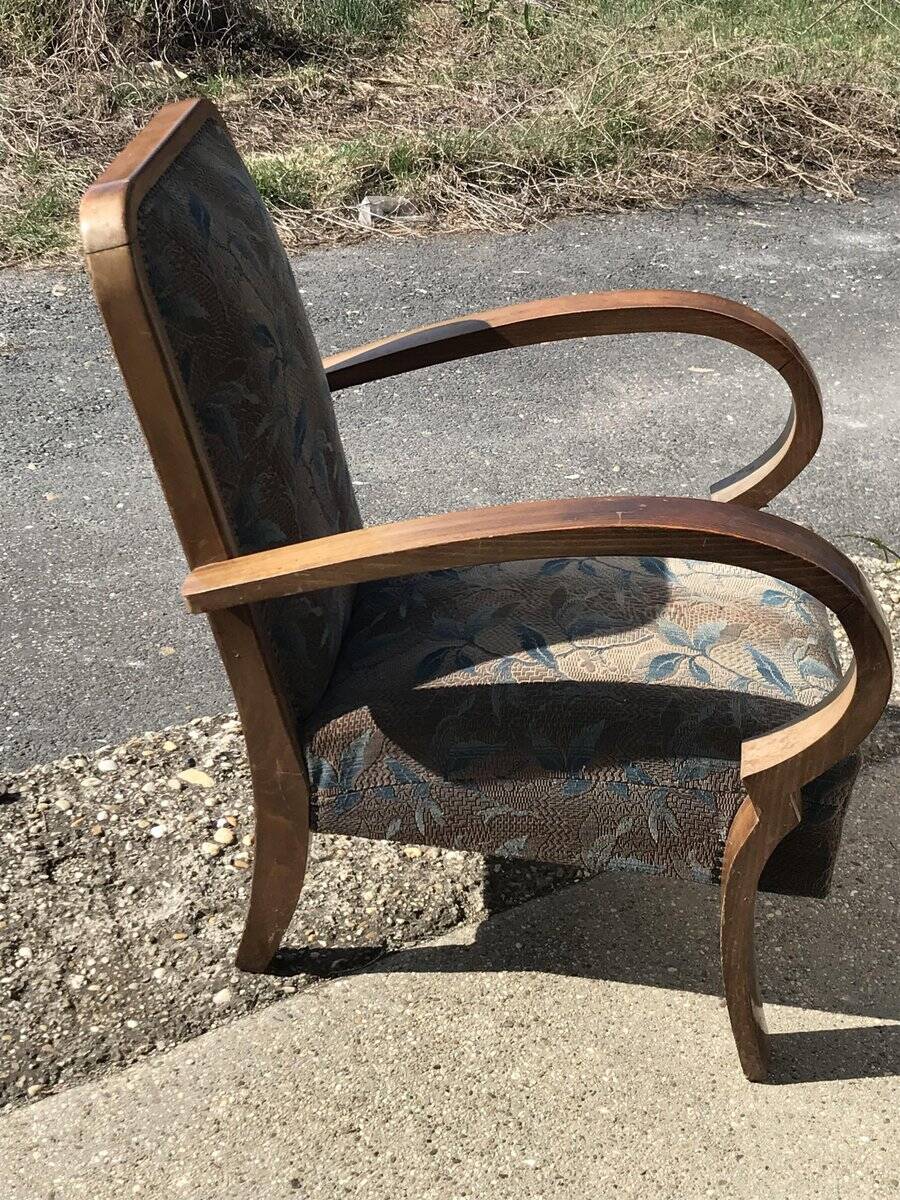 Art Deco armchair set in brown walnut, fabric with a floral pattern, 1930s (Czech Republic)
