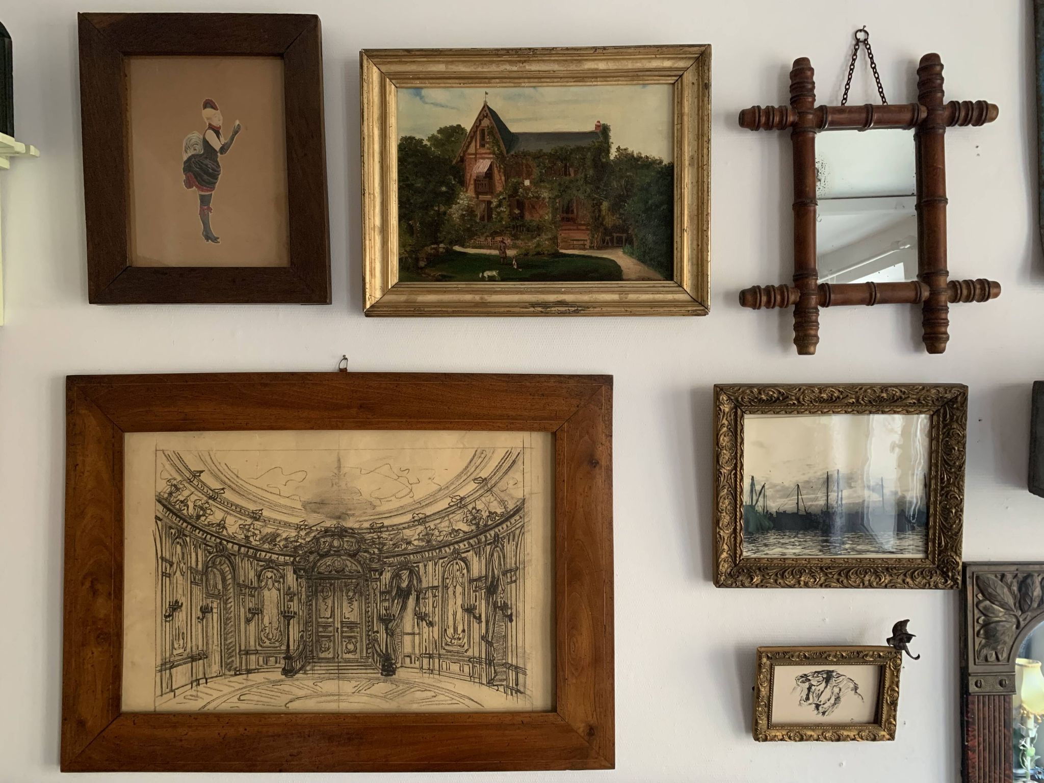 Salon parisien du 19e siècle, grand dessin original encadré