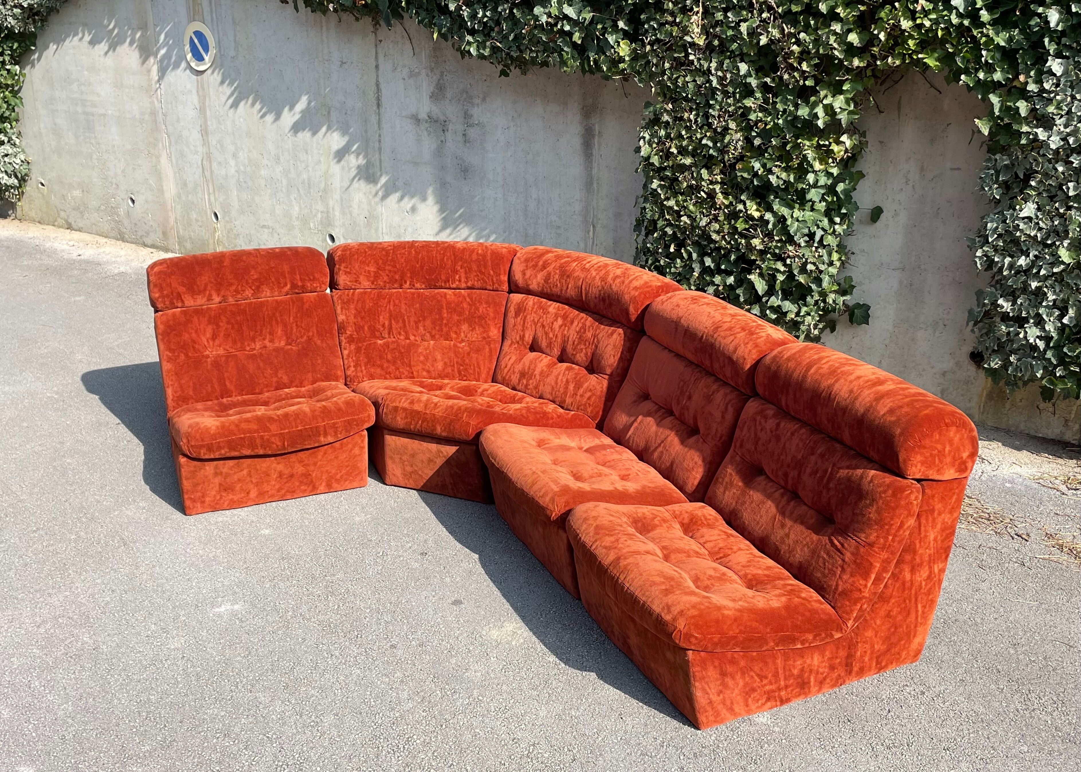 Modular sofa in rusty velvet, France 1970s