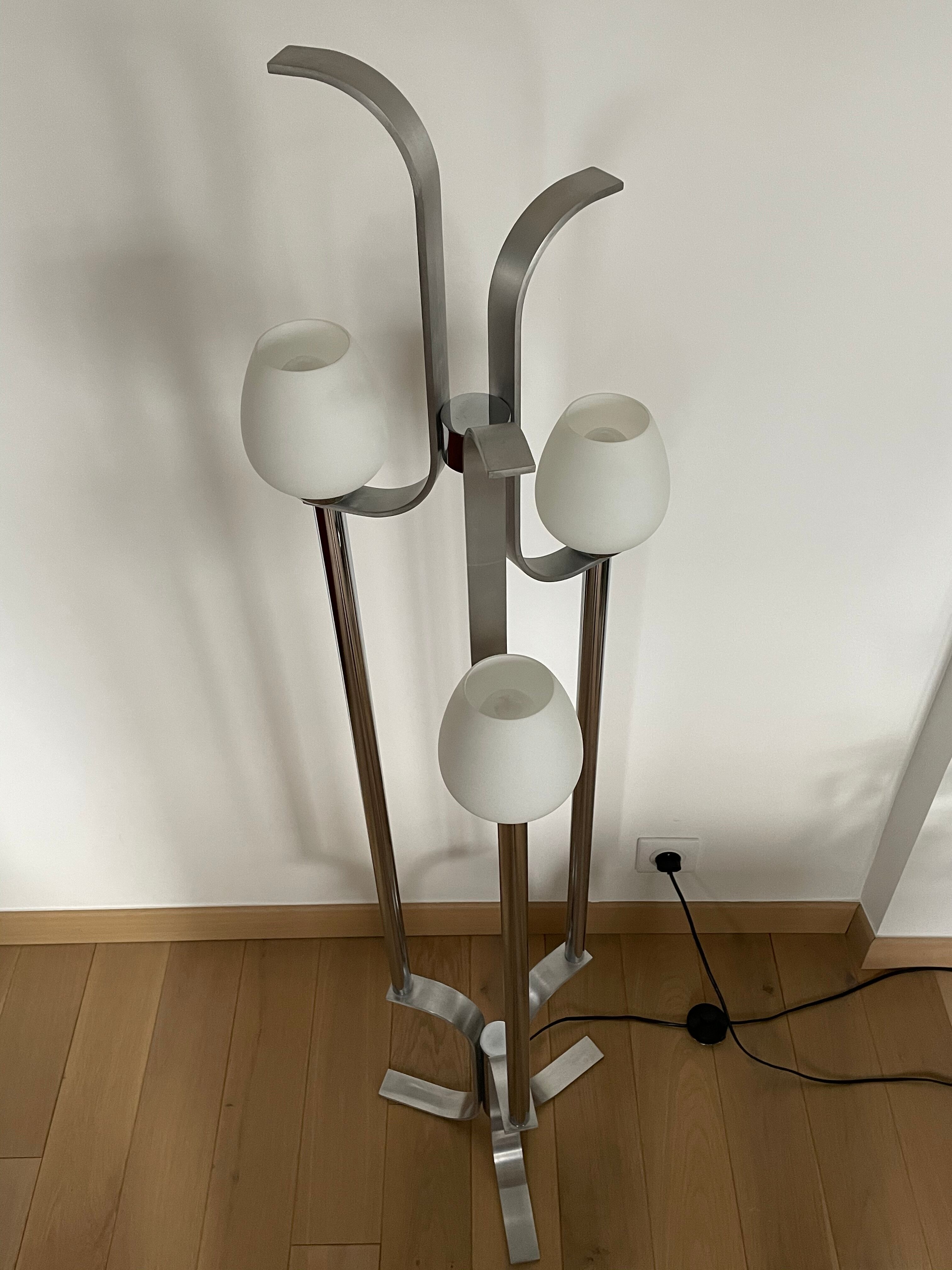 Space age lamp in brushed steel and opalin glass, 1970
