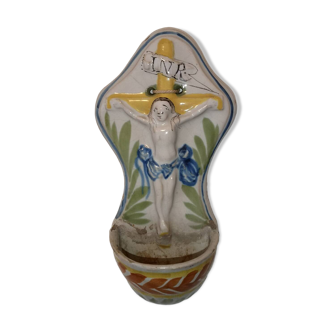 Holy water font in polychrome high-fire earthenware from Islettes, 18th century