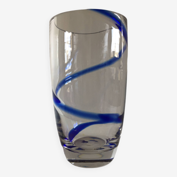 Large thick crystal glass vase modernist design cobalt edging