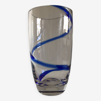 Grand vase en verre cristal épais design moderniste liseré cobalt