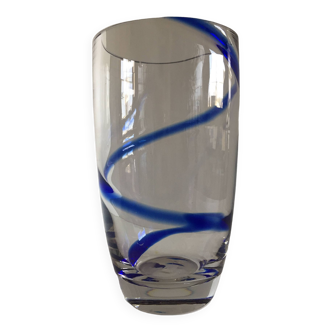 Grand vase en verre cristal épais design moderniste liseré cobalt