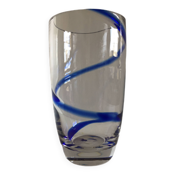 Grand vase en verre cristal épais design moderniste liseré cobalt