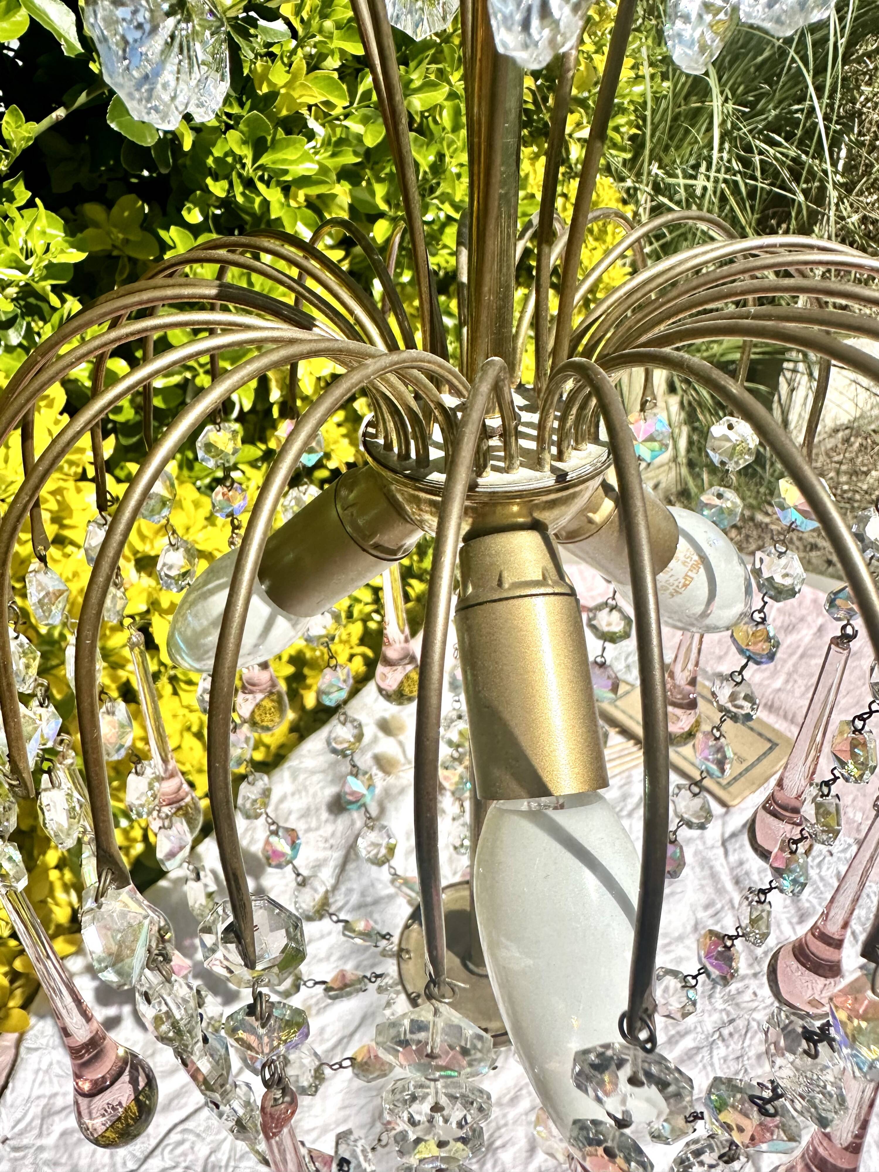 Magnificent Cascade Chandelier in Brass & Crystal Glass 1970s Vintage