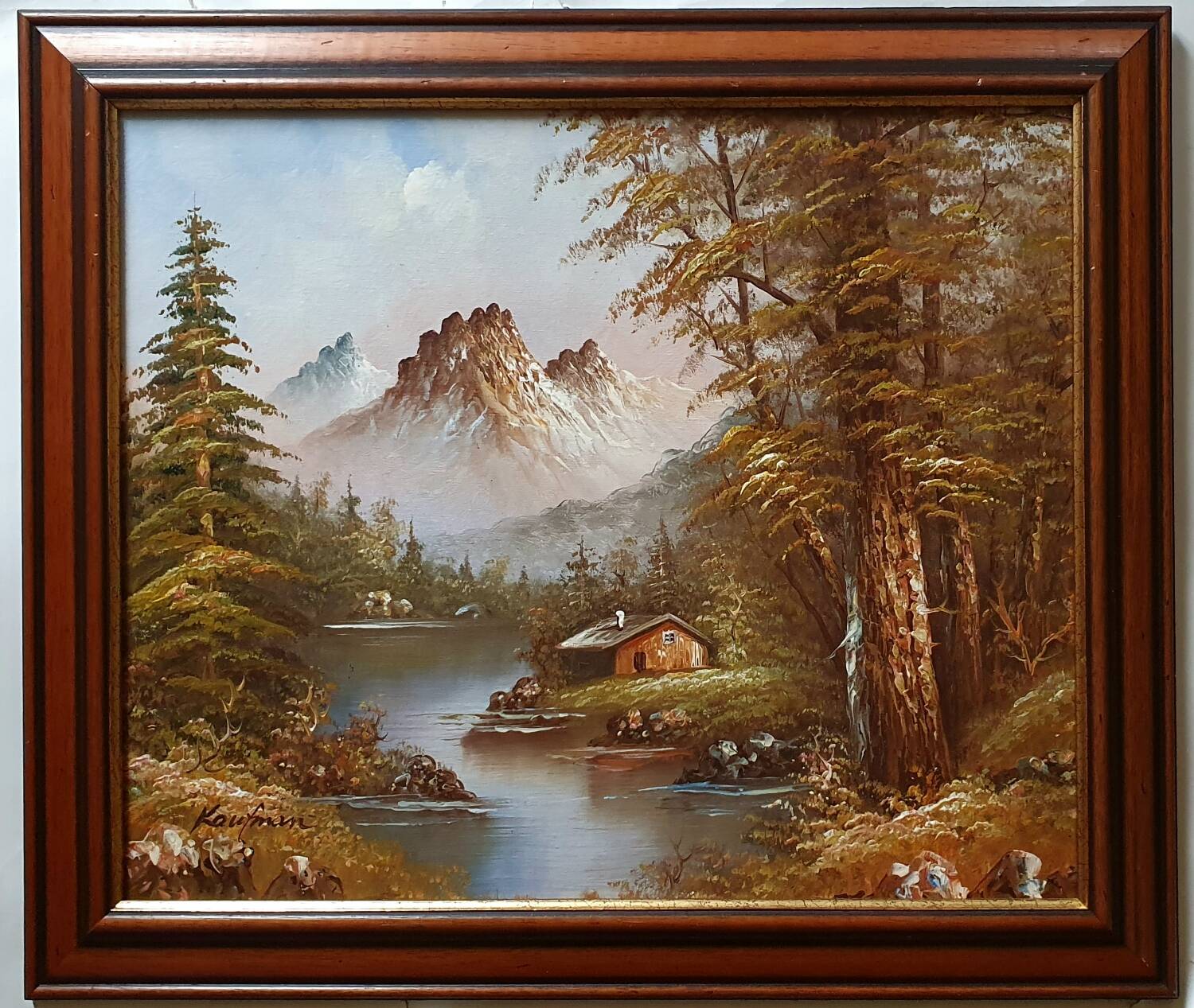 Tableau huile sur toile chalet dans la montagne signé Kaufman