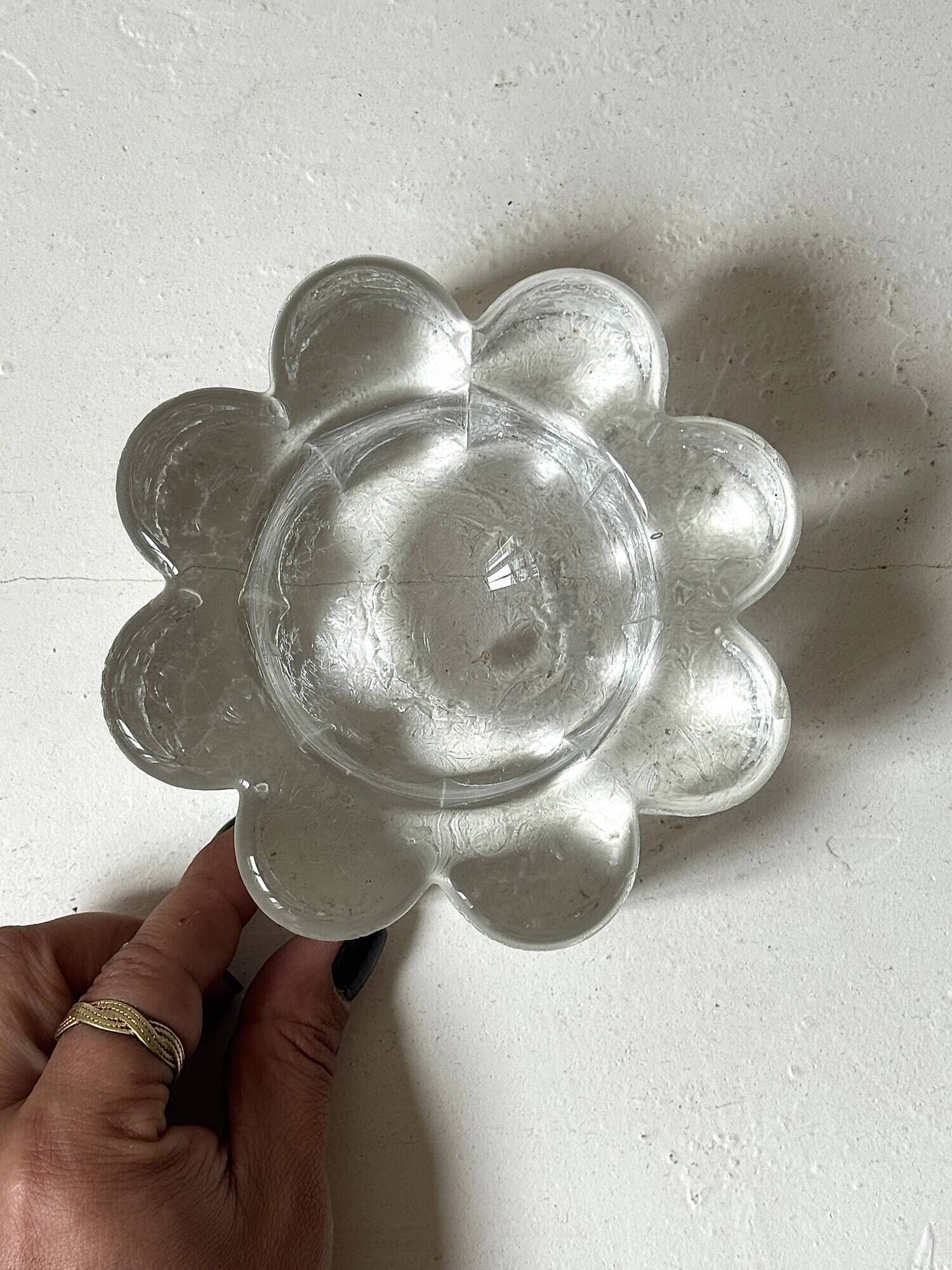 Frosted glass candle holder stylised in the shape of a flower, 1970s design.