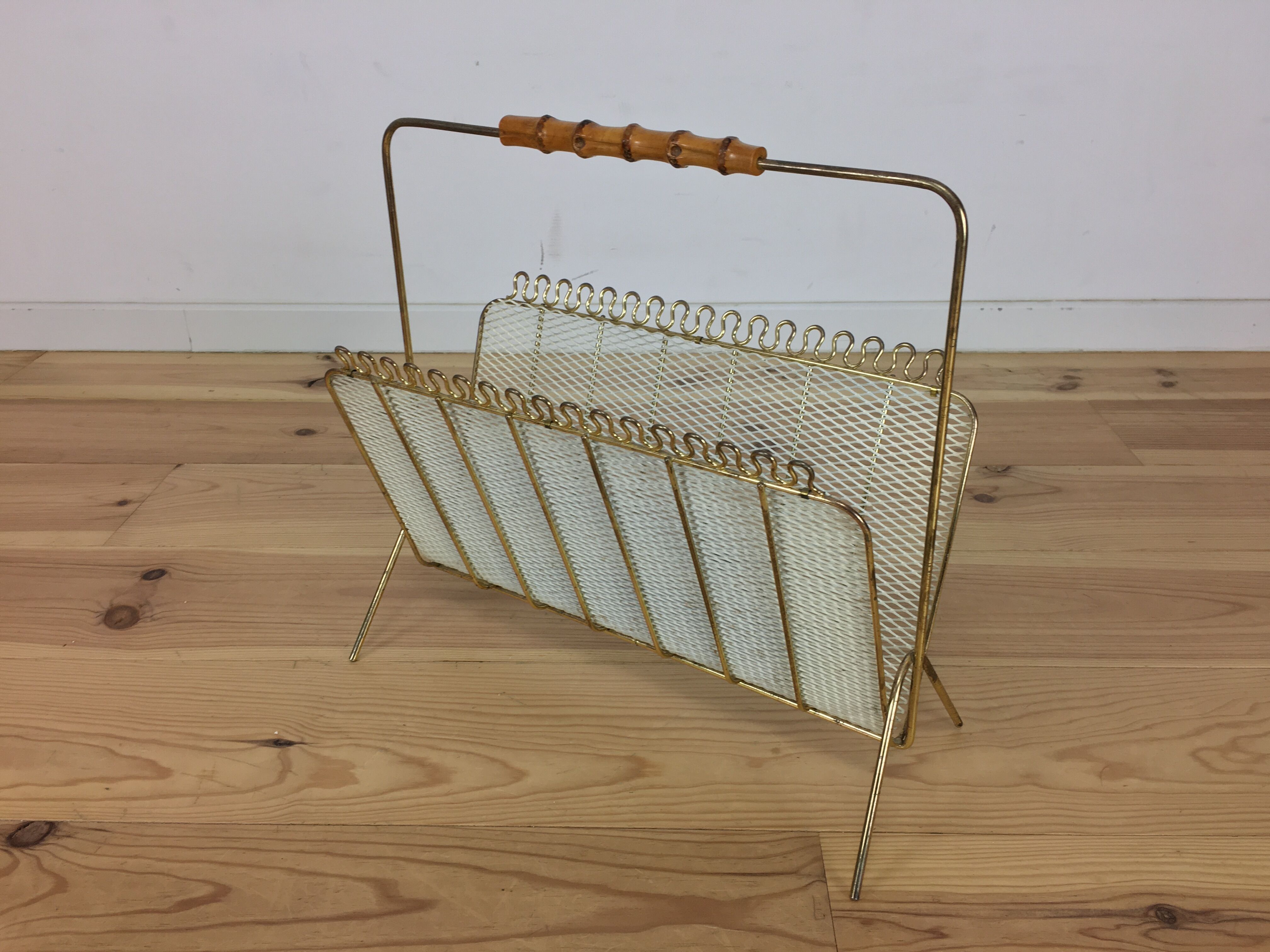 Magazine rack perforated sheet metal and bamboo, 50s