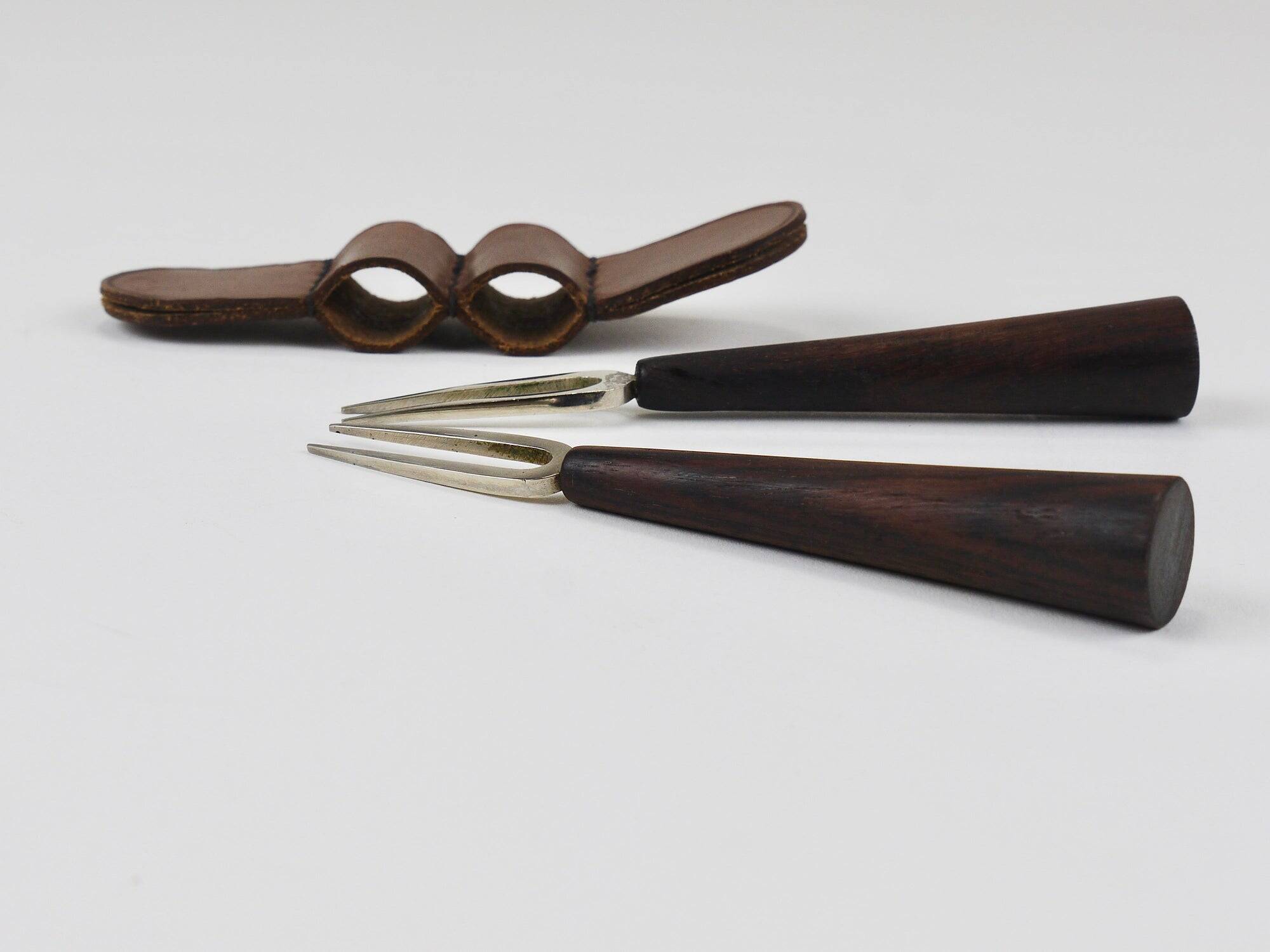 Carl Aubock Forks, Brass, Leather Holder, Corn Cob Skewers, Vienna, 1930s