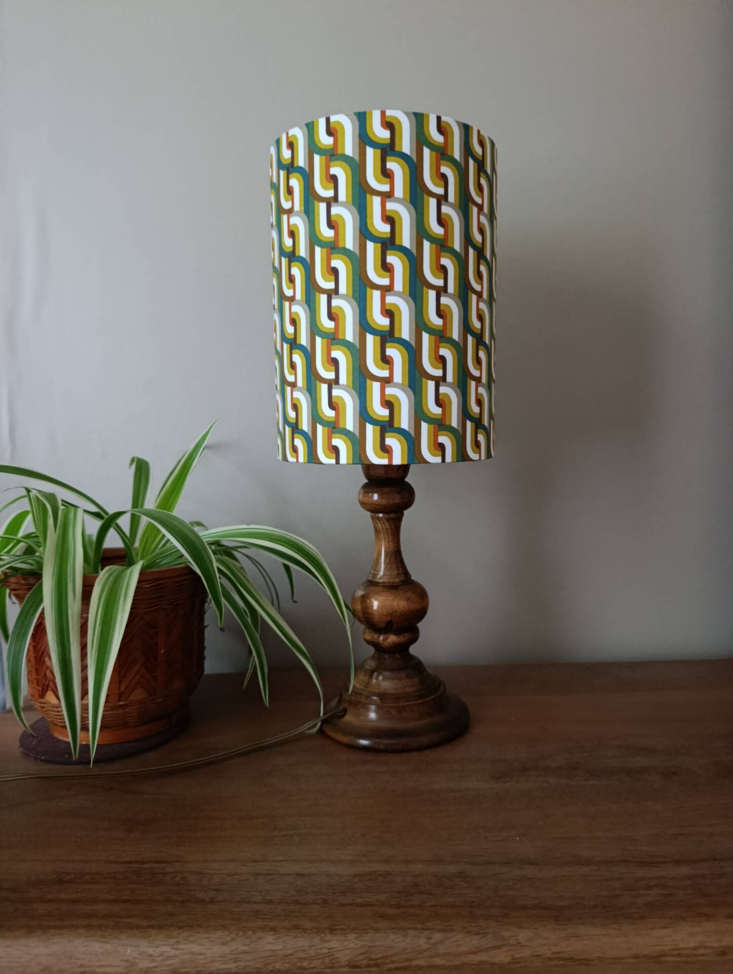 vintage turned wood lamp, seventies graphic lampshade