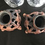 Pair of cone vases in pressed and molded glass, Zamac with 2 patinas