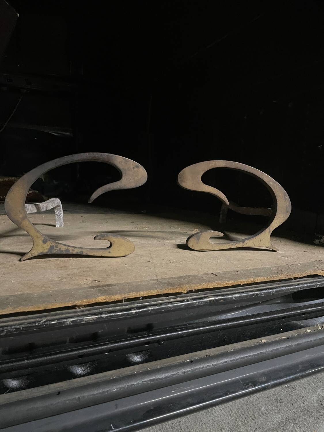 1970s steel and brass andirons
