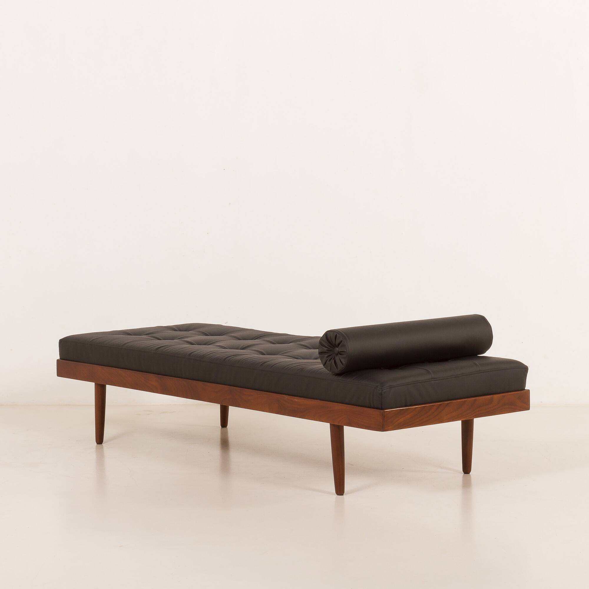 Danish mid century teak daybed in black leather, 1960s