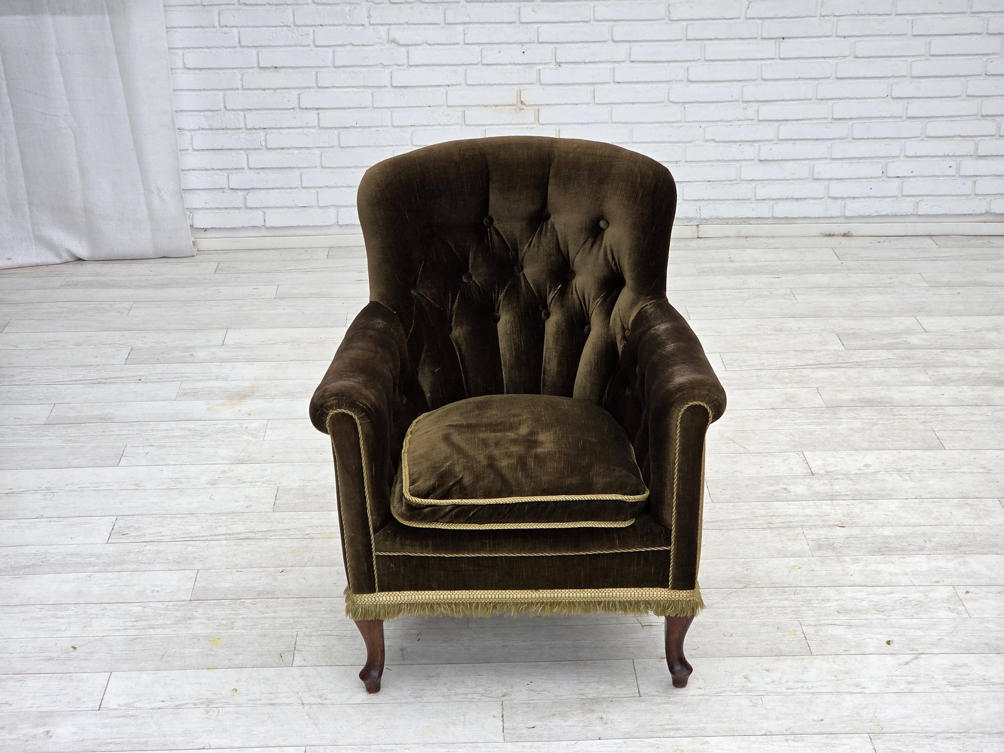 1950s, Scandinavian armchair, green furniture velour, ash wood.