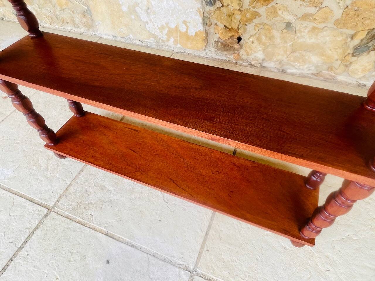 Vintage 5-tier turned wood shelf on legs.
