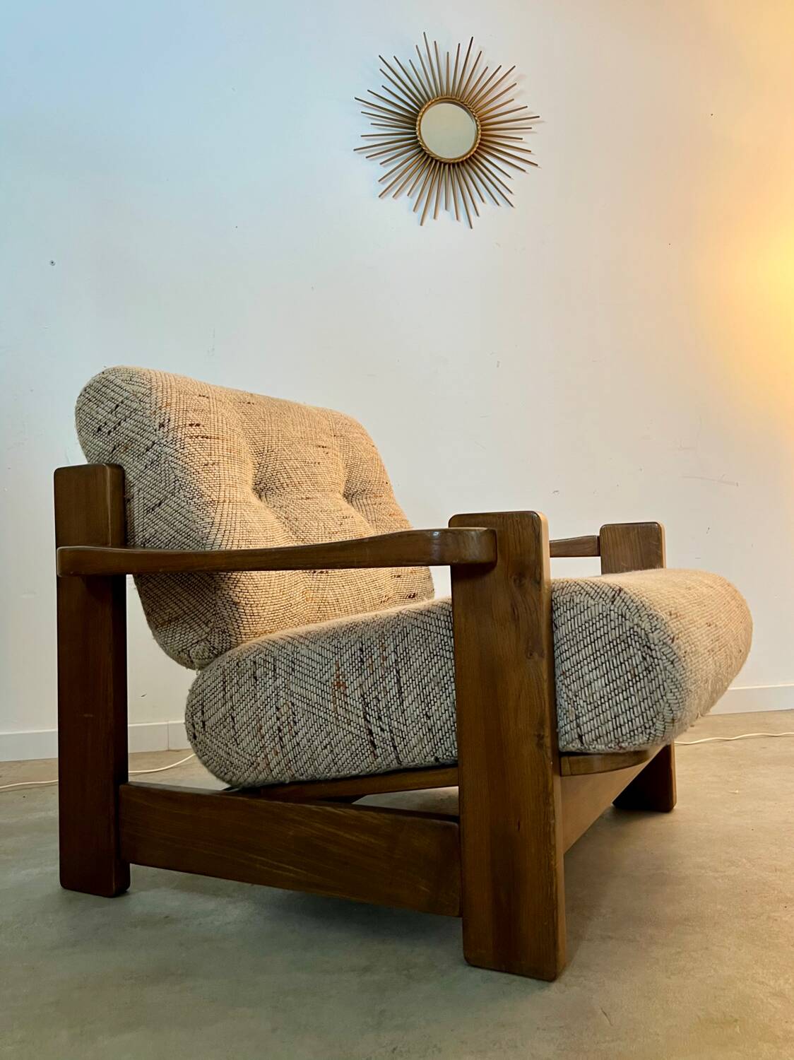 Lot of 2 solid elm armchairs, Maison Regain design, 70s vintage