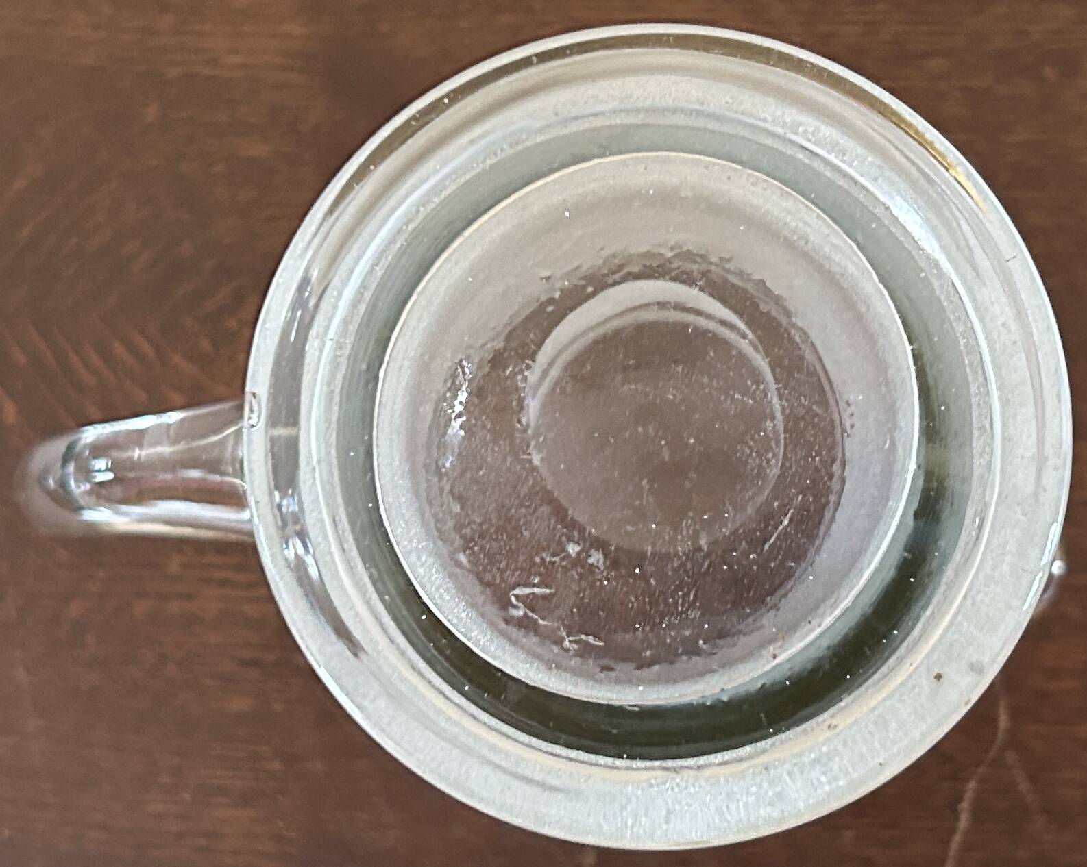 Jug + 6 frosted glass tumblers with white and gold rim.