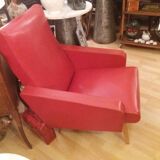 Armchair in red leatherette and feet compass around 1950