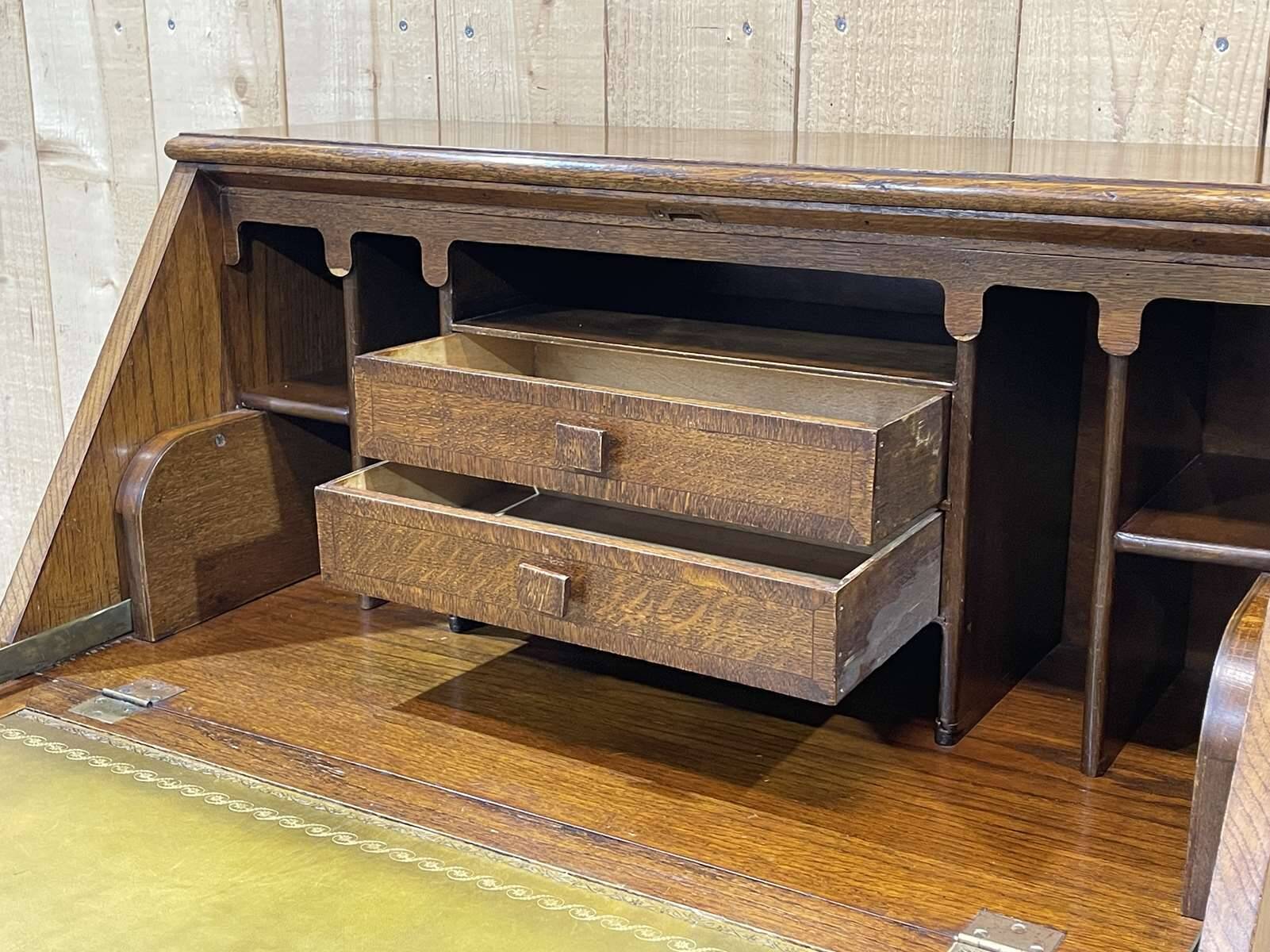 English donkey desk in oak and leather top, 1950s