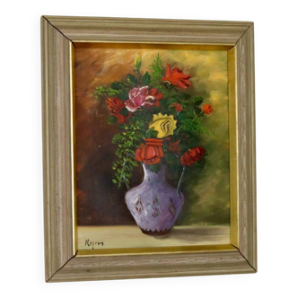 Original Swedish oil on panel "Flowers" by Regran - Vintage & Framed