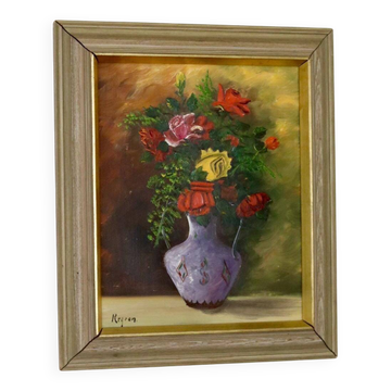 Original Swedish oil on panel "Flowers" by Regran - Vintage & Framed