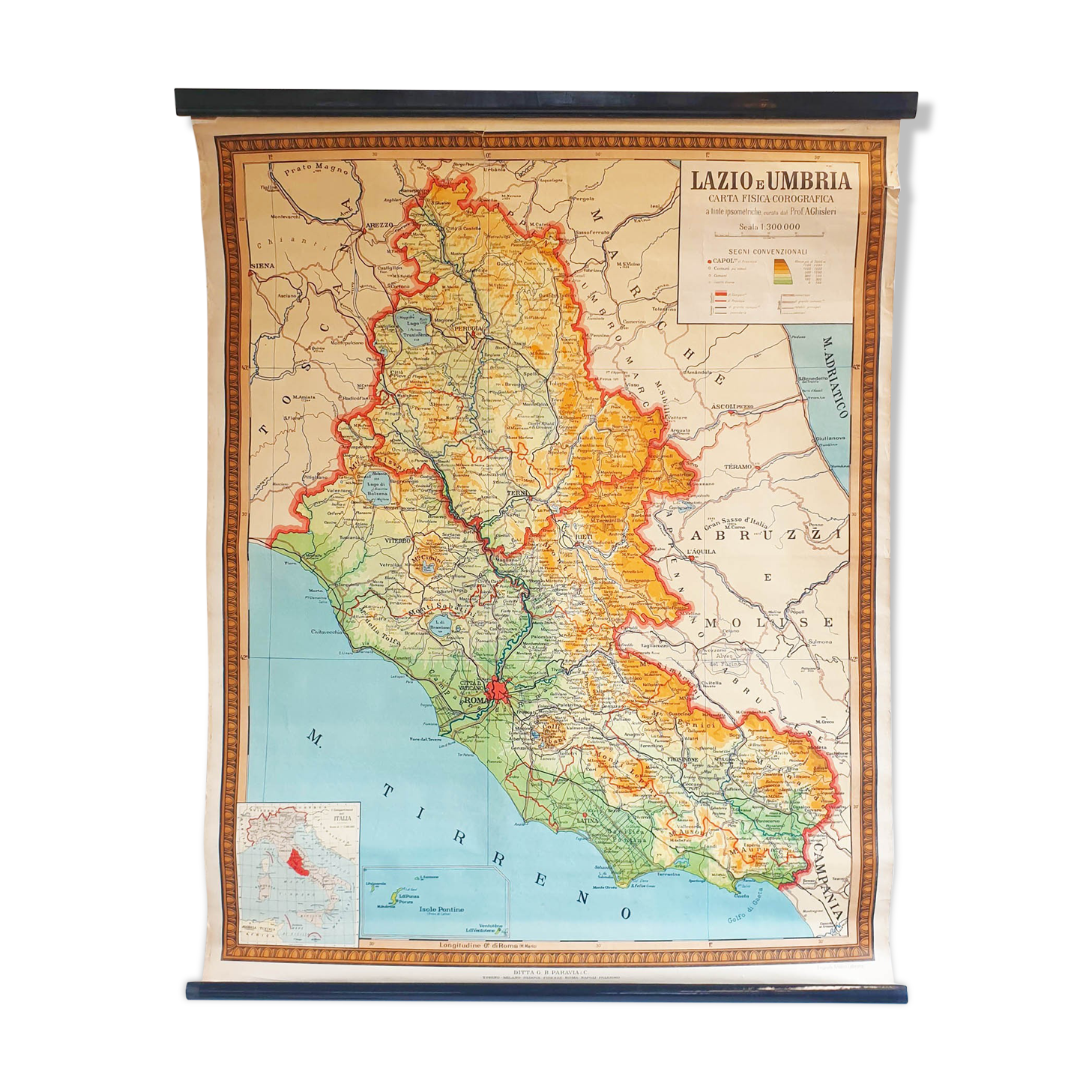 Vintage school map of Lazio and Umbria in Italy