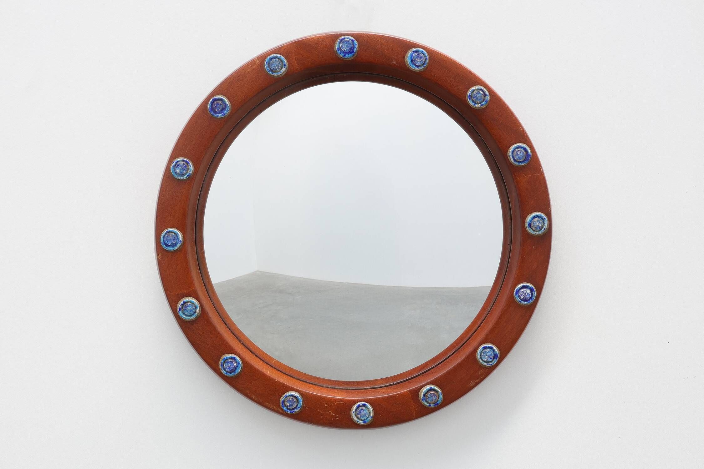 Pair of Deknudt Round Mirrors with Blue Ceramic Studs, Belgium, 1960s