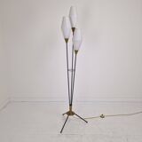 Lampadaire trépied en verre opalin et laiton, Italie, années 1950
