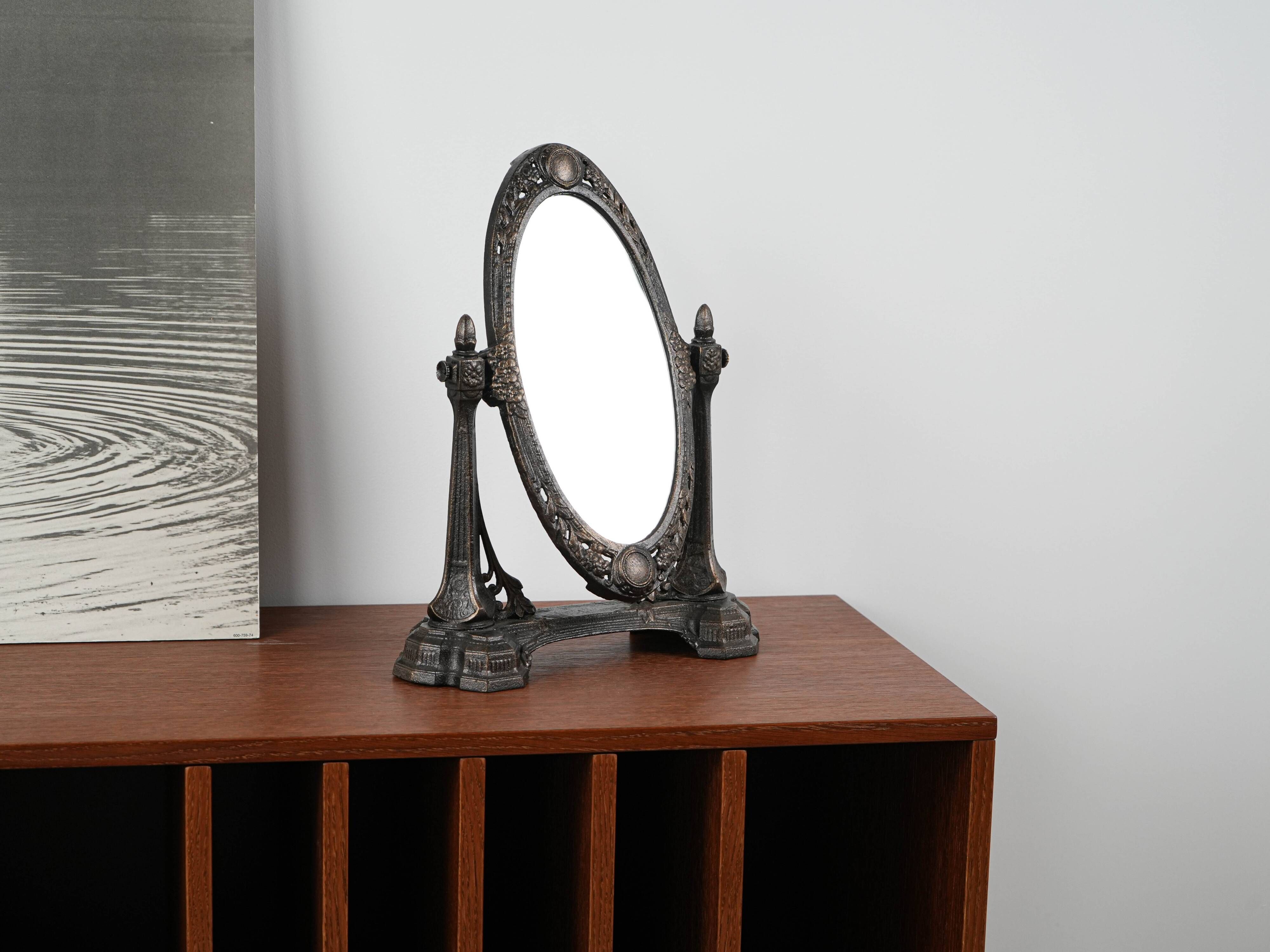 Art Nouveau table mirror with ornamental metal frame, early 20th century