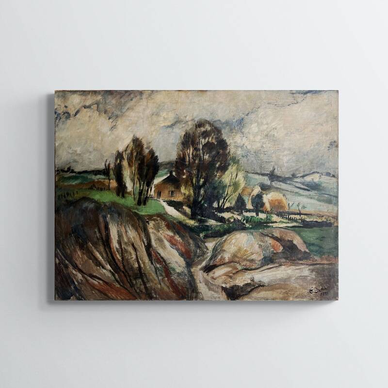 House and hills, signed E Didier 1938, oil on canvas, 65x92cm, unframed