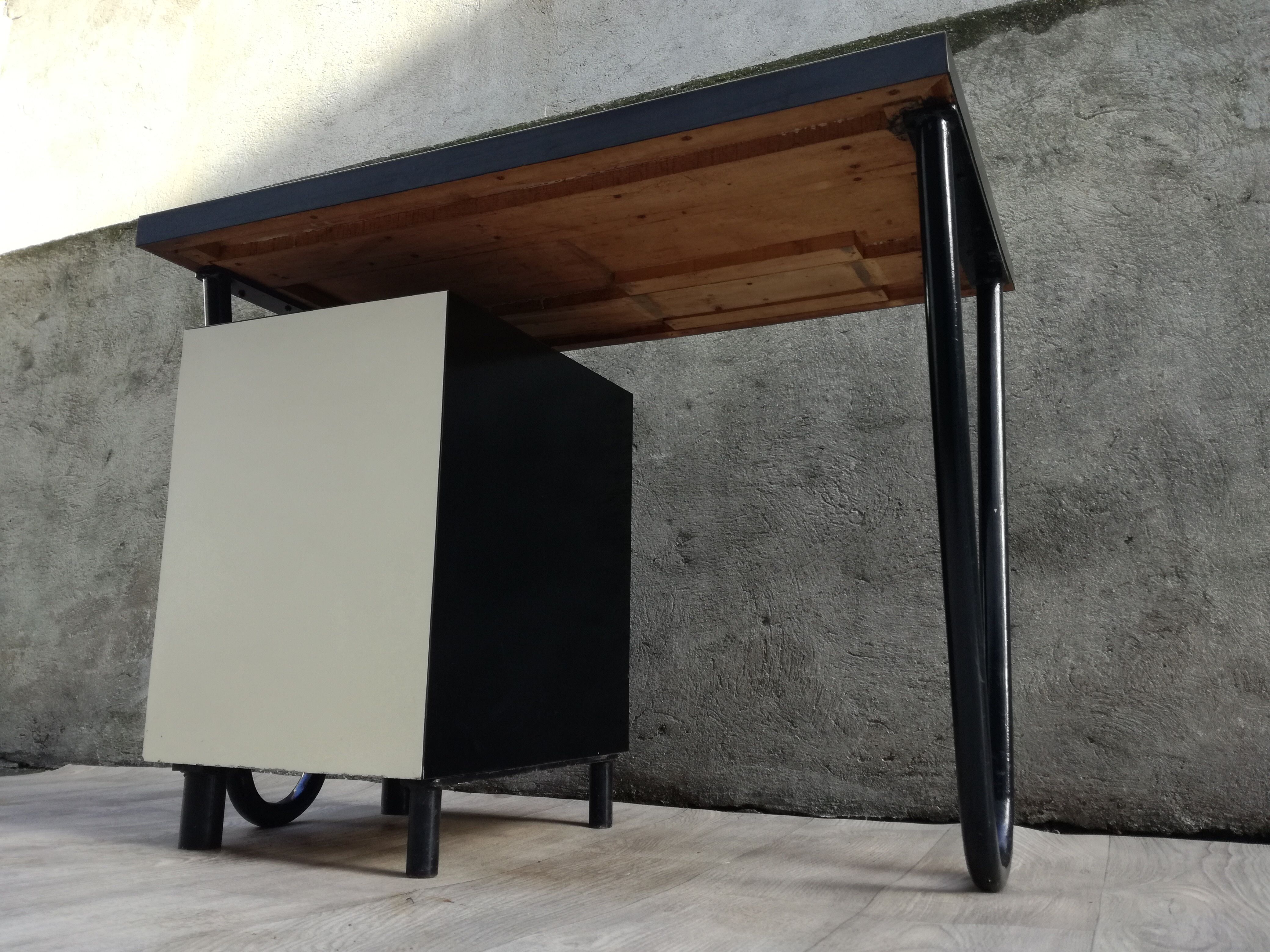 Modernist desk in metal and wood, 1950 s