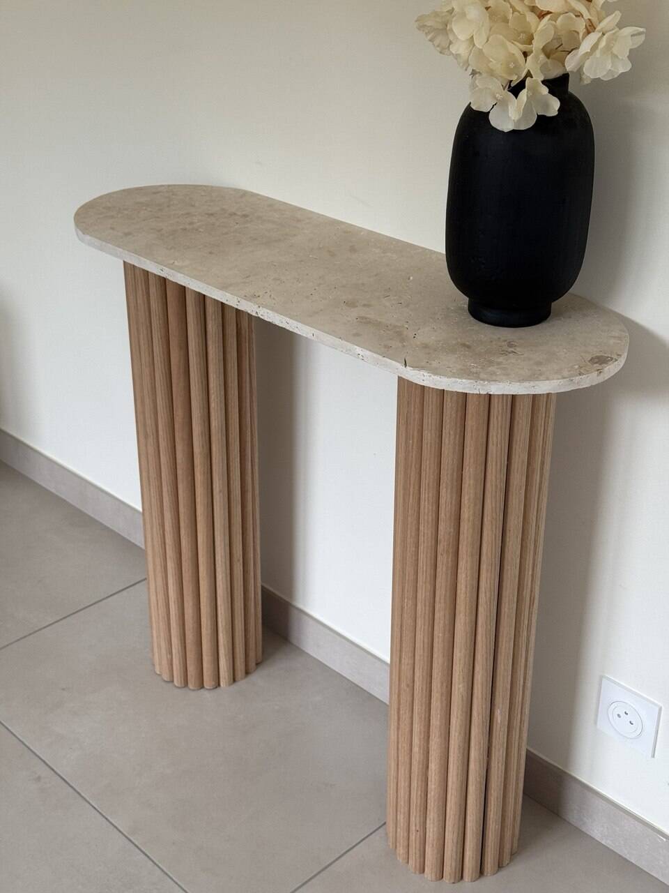 Travertine and wood console | raw oak