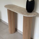 Travertine and wood console | raw oak