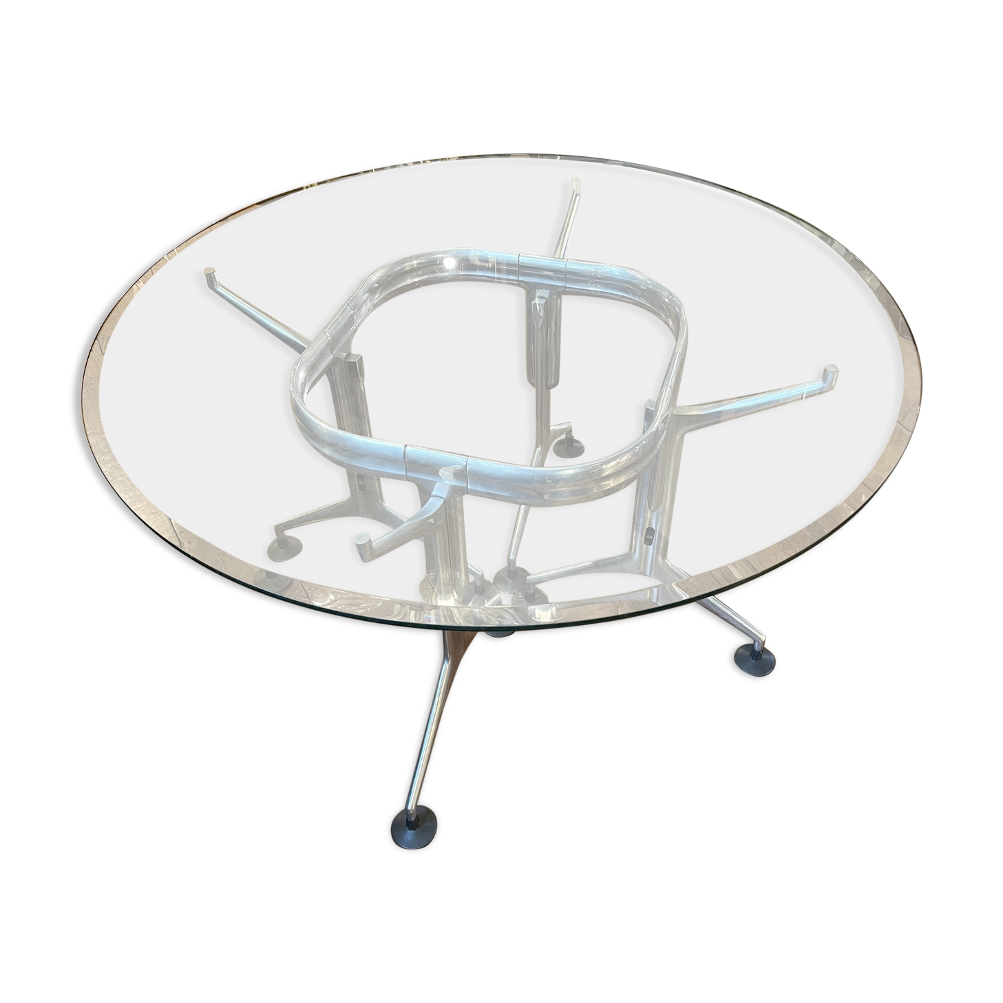 Vintage Round Dining Table in Brushed Aluminum & Beveled Glass, 1970s