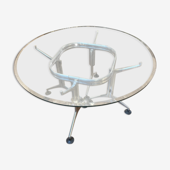 Vintage Round Dining Table in Brushed Aluminum & Beveled Glass, 1970s