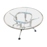 Table salle à manger ronde vintage en aluminium brossé & verre biseauté, 1970s