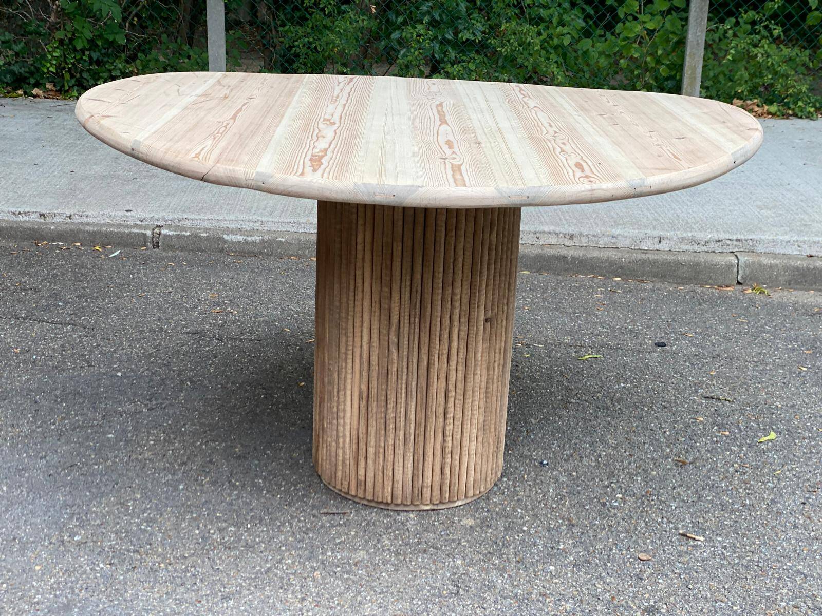 Scandinavian round dining table with a central base, stripped, made of solid raw wood, 90.