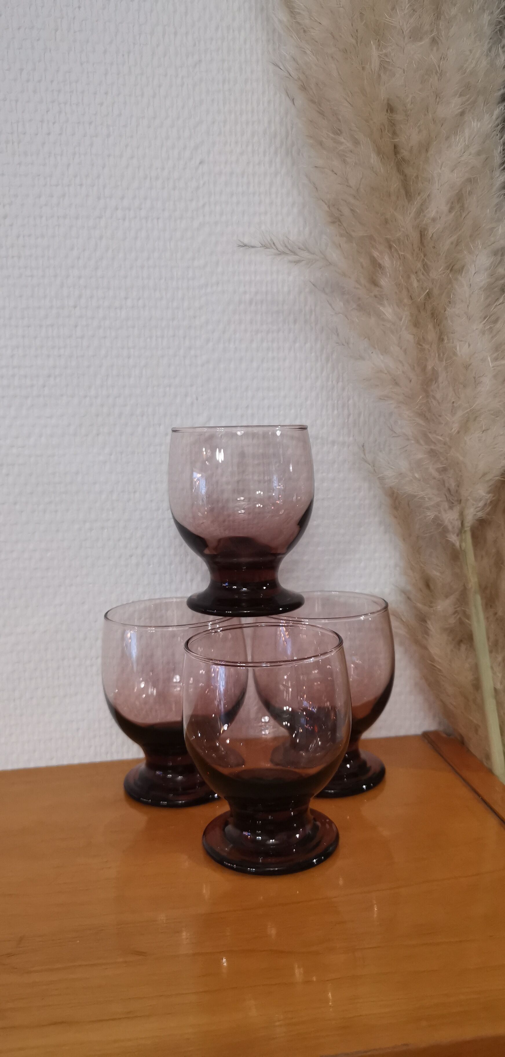 4 water glasses on foot pink purple vintage art deco