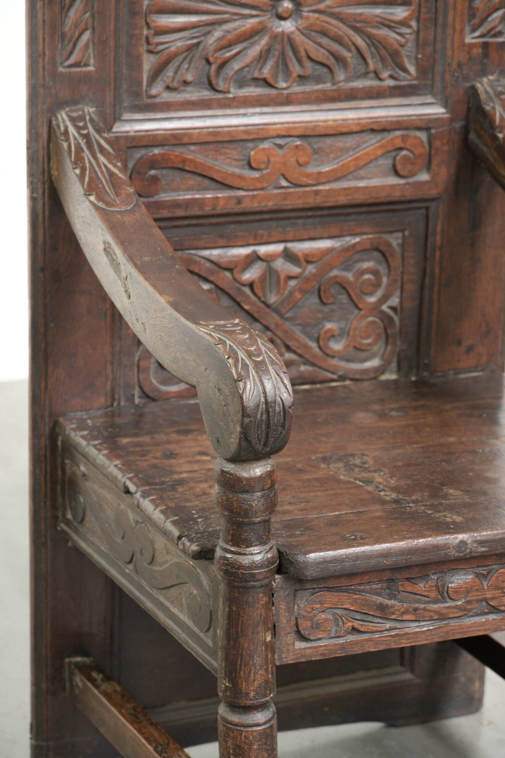 Unique 18th-century English oak wainscot chair with amazing woodcarving
