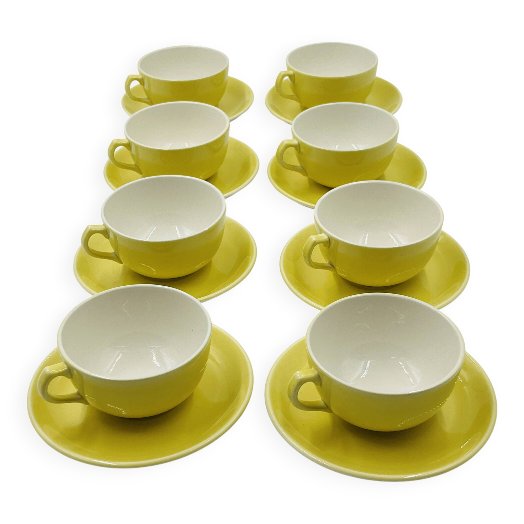 Set of 8 Vintage Boch Frères Yellow Cups and Saucers