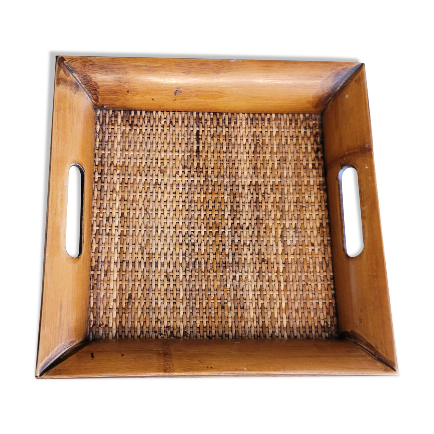 Square vintage serving tray in bamboo and wicker